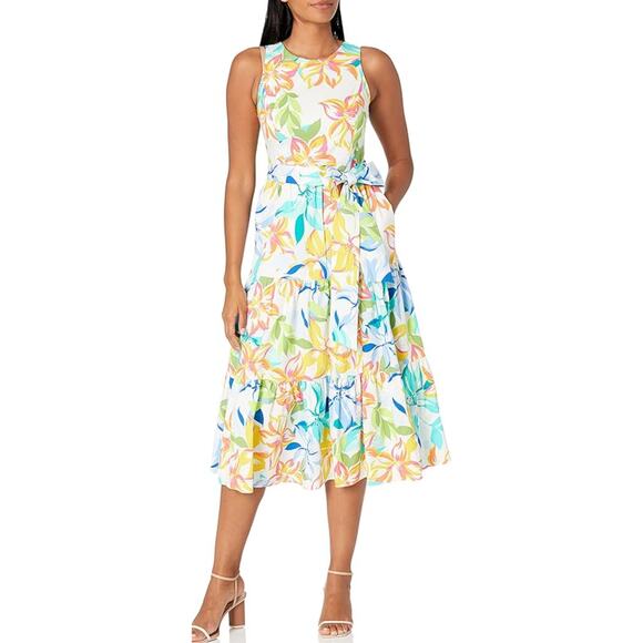 Tahari Tropical Floral Tiered Tie Back Midi Dress - Picture 1 of 10